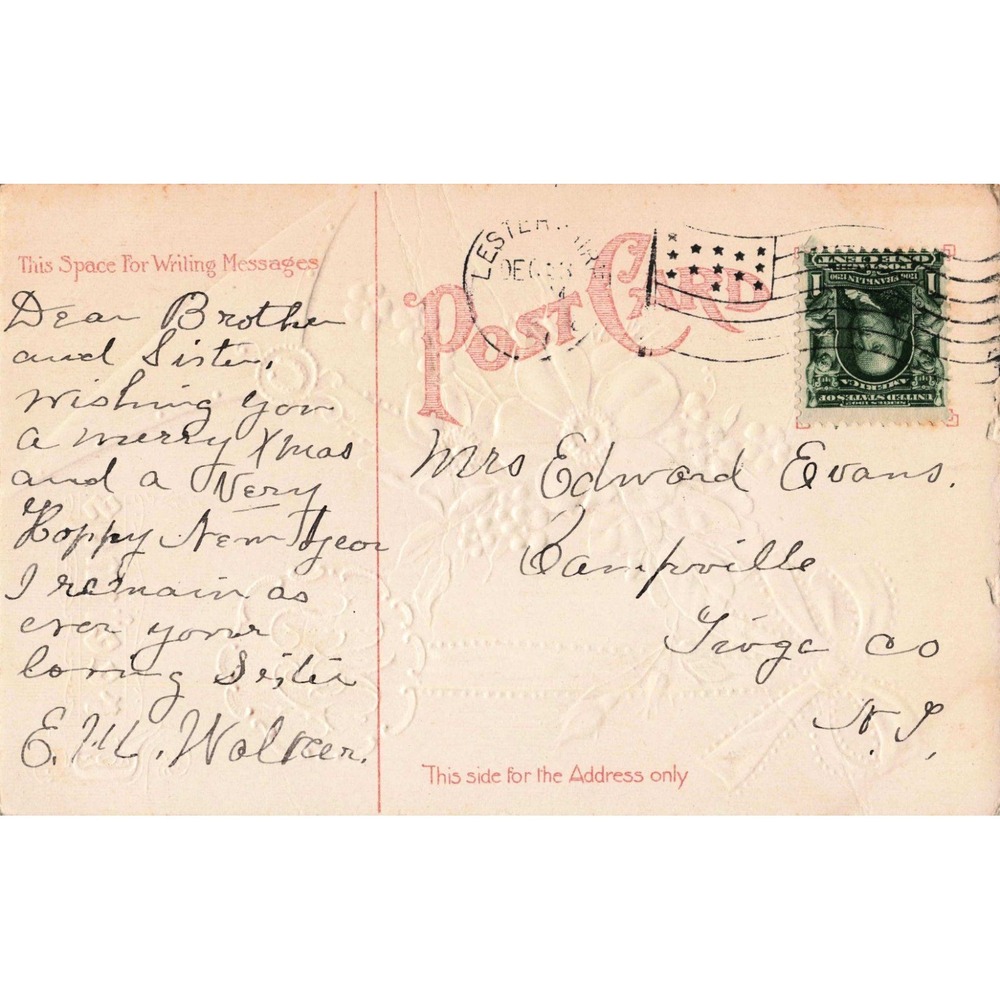 Vintage 1908 Embossed Christmas New Year Postcard Floral Ribbon Lester Iowa VG - Picture 2 of 2